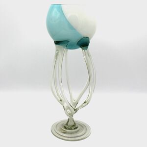 Vintage Jozefina Jellyfish Art Glass Sculpture Blue Swirl Design Votive Holder
